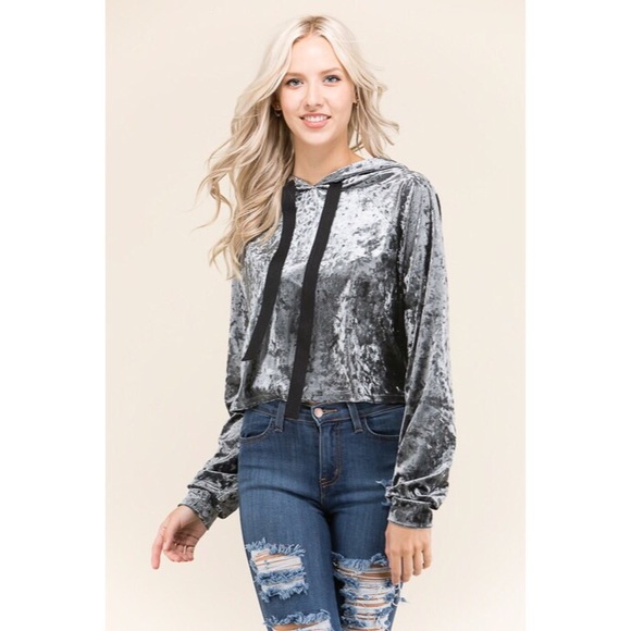 NWT - Charcoal Velvet Hooded Sweatshirt - Picture 2 of 7